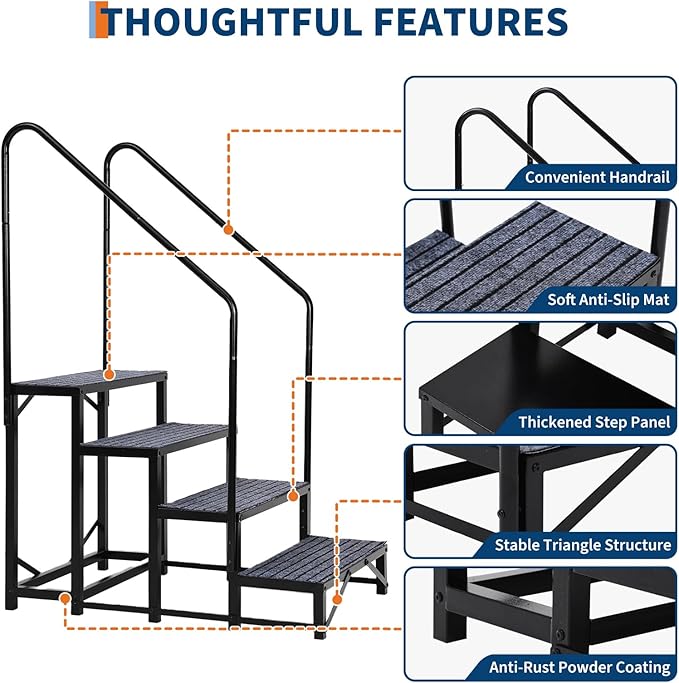 Portable 4-Step RV Stairs with Handrails, RV Steps Ladder with Non-Slip Mats, for Travel Trailers, Campers, Hot Tubs, Porch, Pool, Pets