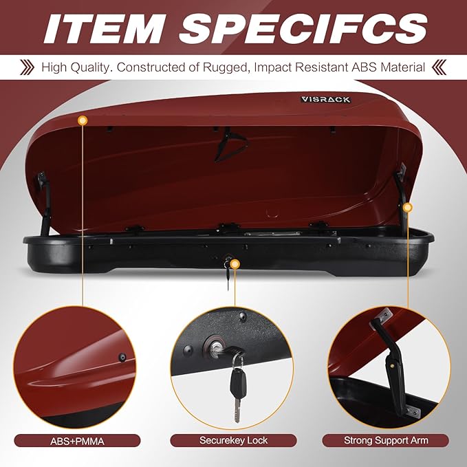 Red Rooftop Cargo Box Carrier Large 13 Cubic Feet Car Top Mount Travel Luggage Storage, Dual Side Opening, Roof Cargo Boxes Waterproof Rooftop Storage Box Extra Keys, Straps
