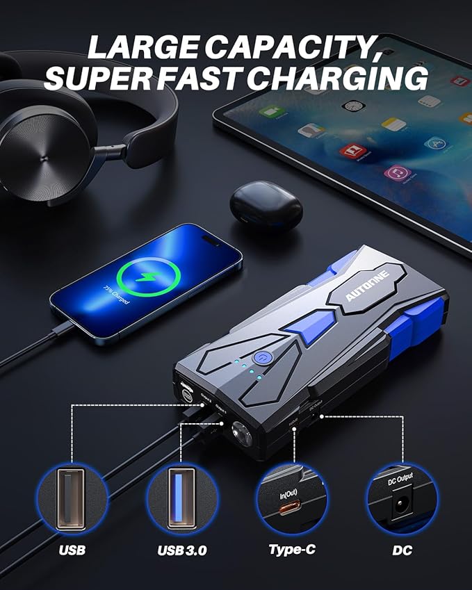 AUTOONE 6500A Car Battery Jump Starter Up to All Gas & 12L Diesel Engine, Car Battery Jumper Starter Portable 12V Jump Box with USB Output, Storage Case, LED Flashlight