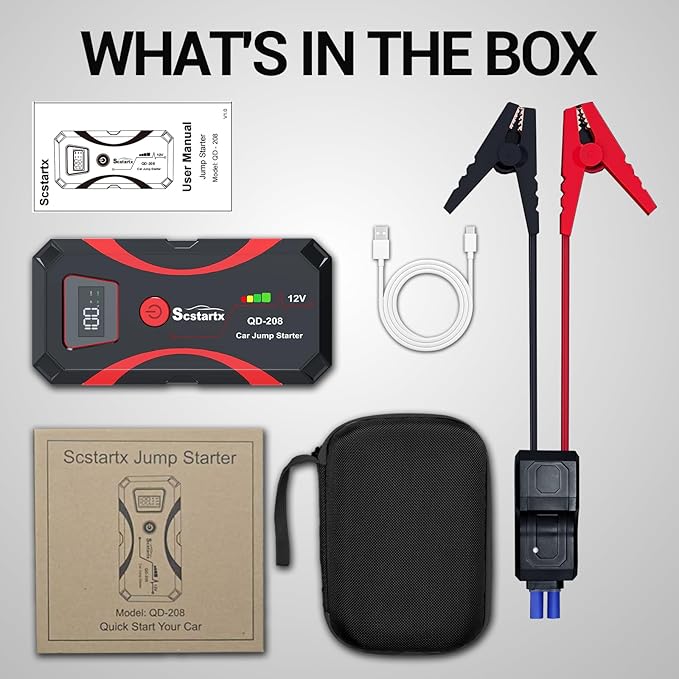 208 Car Battery Jump Starter, Portable Power Battery Pack 2000A Peak 12V Jump Box for Motorcycle Up to 7L Gas & 4L Diesel 3 Modes Flashlight and Safety Jumper Clamps