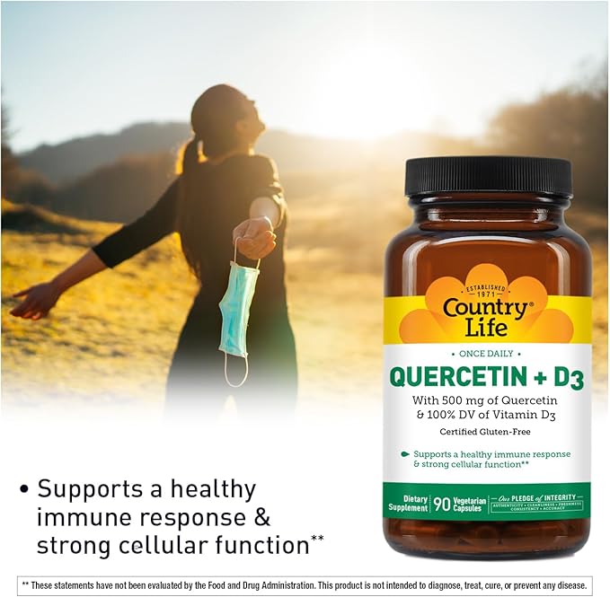 Country Life Quercetin 500mg Capsules with Vitamin D3 800 IU – Immune Support Supplement for Adults – Daily Immune Boosters – Quercetin Immune System Boost, 90 Capsules