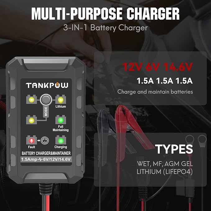 1.5-Amp Car Battery Charger,6V/12V/14.6V Automotive Battery Chargers,Battery Maintainer,Trickle Charger,Float Charger for Cars,Motorcycle,ATV,Gel,AGM,12V Lithium(LiFePO4) Deep Cycle Batteries