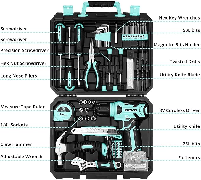 DEKOPRO 8V Cordless Drill Set: 126 Piece Tool Kit with Drill, Home Tool Set for Women, Turquoise
