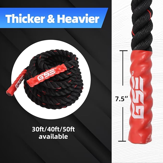 GSE Games & Sports Expert Gym Battle Rope, Heavy-Duty Workout Ropes for Indoor & Outdoor Workout, Exercise Rope for Strength Training - 30,40,50 Feet Lengths Available