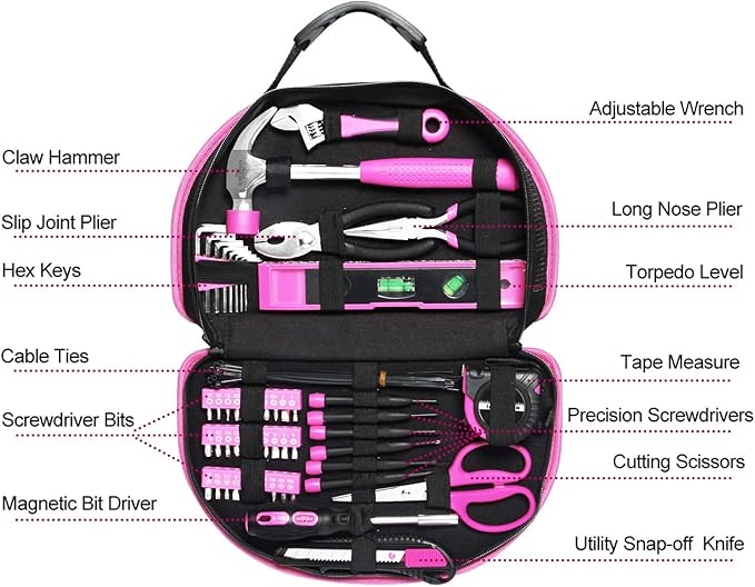 89 Piece Pink Tool kit, Ladies Hand Tool Set with Easy Carrying Round Pouch Household Tool Kit Perfect for DIY, Home Maintenance and Dorm Repair