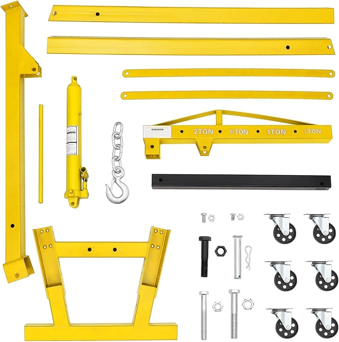 2-Ton Folding Engine Hoist Cherry Picker 4400 Lb Capacity Hydraulic Shop Crane with Telescoping Boom 6 Caster Wheels for Automotive Repair Garage Use Includes Hitch and Storage Stand Yellow