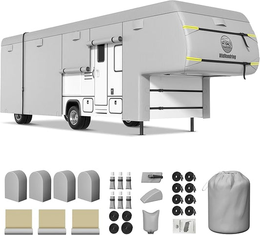 Heavy Duty Travel Trailer 5th Wheel RV Cover 37-41ft, 8 Layers Breathable Waterproof Rip-Stop Camper Cover with Adhesive Repair Patches, Gutter, Tire & Additional Straps
