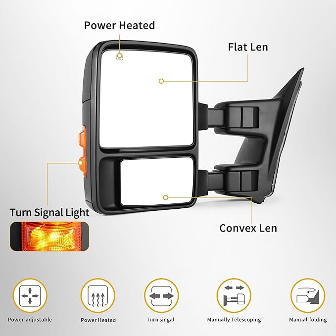 DWVO Towing Mirrors compatible for 99-07 F250/F350/F450/F550 Super Duty Power Heated with Amber Turn Signal Light Side Tow Mirror A Pair