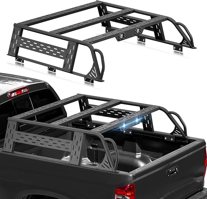 13.8" High Overland Bed Racks Truck Cargo Carrier Compatible with 2014-2021 Toyota Tundra with 2 LED Lights and Bed Rails, Full-Size Truck Rear Ladder Rack Back Cross Bars
