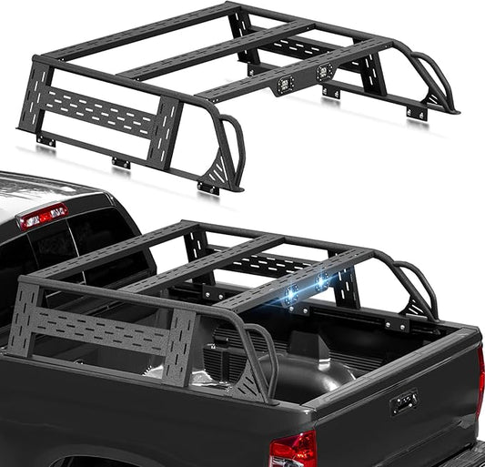 13.8" High Overland Bed Racks Truck Cargo Carrier Compatible with 2014-2021 Toyota Tundra with 2 LED Lights and Bed Rails, Full-Size Truck Rear Ladder Rack Back Cross Bars