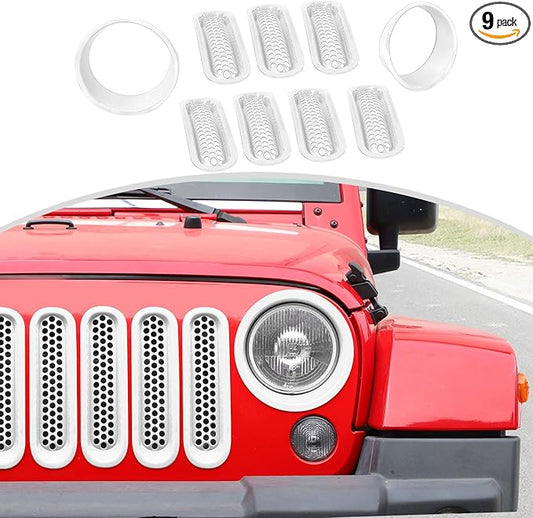 CheroCar for JK Mesh Grille Grill Insert & Headlight Cover Trim Exterior Accessories for Jeep Wrangler JK 2007-2017,White…