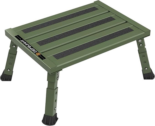 Adjustable RV Step Stool, 3-Step Height Adjustment, Foldable Legs, Wide Anti-Slip Surface,Supports Up to 1,000 lb, Premium Aluminum Construction Easy to Carry (Army Green)