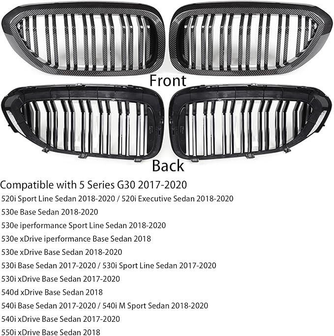 Fit For BMW 5 Series G30 G31 2017-2023 Sport Double Slats Air Front Grille Kidney Grille Replacement Cover Set 520i 530e 530i 540i 540d 550i (2017-2020 Carbon fiber color)