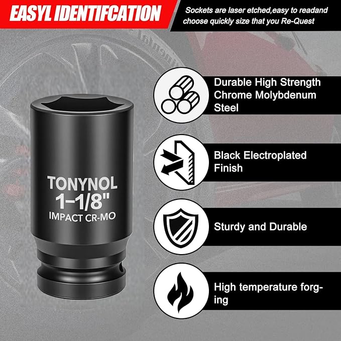 3/4" Inch Drive Deep Impact Socket,6-Point,SAE Size 1-1/8",80mmL,CR-MO,Heavy-Duty Automotive & Industrial Repair