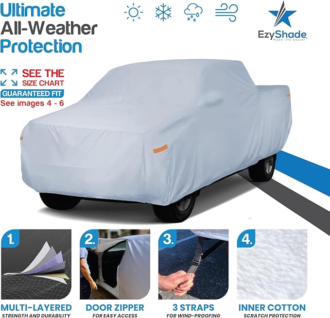 EzyShade 10-Layer Truck Cover Waterproof All Weather. See Vehicle Size-Chart for Accurate Fit. Full Outdoor Pickup Truck Covers for Ranger Frontier Tacoma. Sun Wind Rain. Size T1 (See SizeChart)
