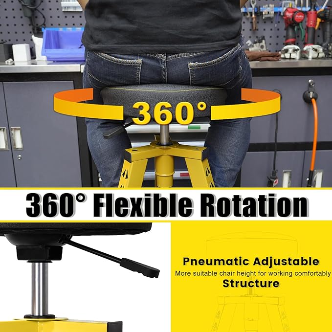 Adjustable Tall Shop Stool, Mechanic Garage Bar Stool Chair, Work Metal Chair for Workshop,360° Swivel Padded Seat, Tool Tray Storage, 350 LBS Capacity, Heavy Duty, Yellow