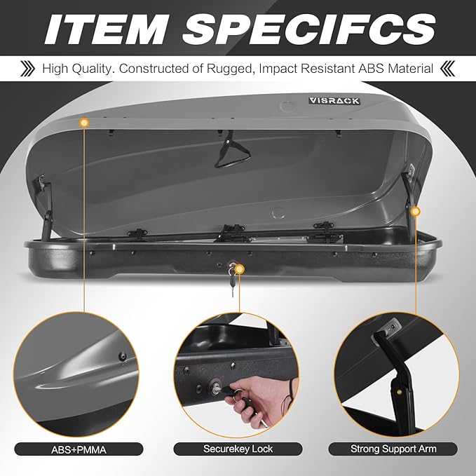 Gray Rooftop Cargo Box Carrier Large 13 Cubic Feet Car Top Mount Travel Luggage Storage, Dual Side Opening, Roof Cargo Boxes Waterproof Rooftop Storage Box Extra Keys, Straps