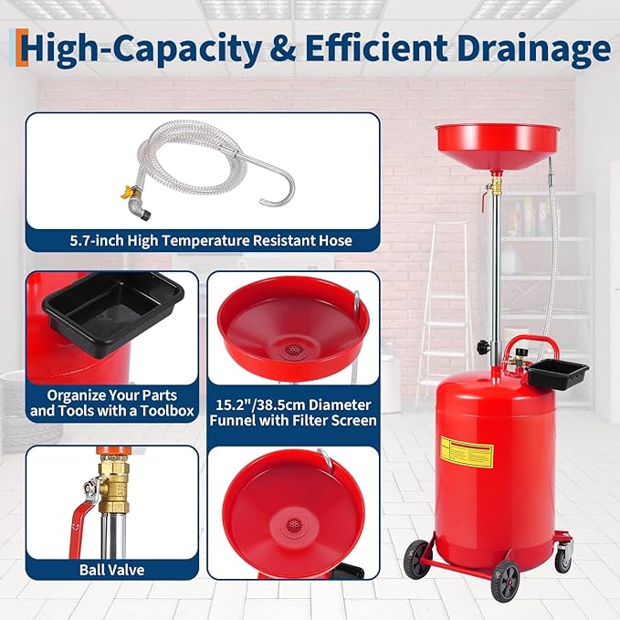 20 Gallon Waste Oil Drain Tank Portable Air Operated Oil Drainer with Adjustable Funnel Height 38 to 65 Inches 15 Inch Funnel Fluid Fuel Transfer Drain Container with 360 Degree Wheels and Toolbox Red