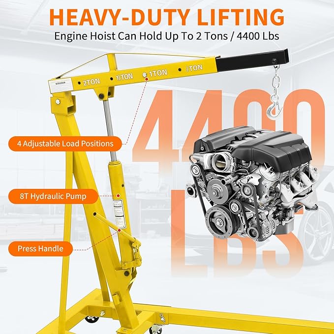 2-Ton Folding Engine Hoist Cherry Picker 4400 Lb Capacity Hydraulic Shop Crane with Telescoping Boom 6 Caster Wheels for Automotive Repair Garage Use Includes Hitch and Storage Stand Yellow