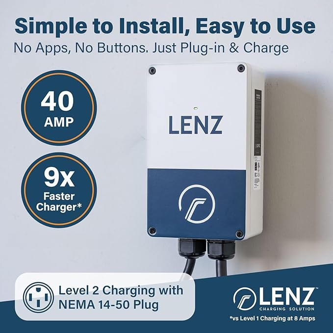 LENZ Level 2 40A 240V EV Charging Station with NEMA 14-50 Plug, Compatible with All EVs, 24-Foot Cable, Weatherproof, Safety Certified, ETL Listed to UL 2594, Energy Star, FCC Certified
