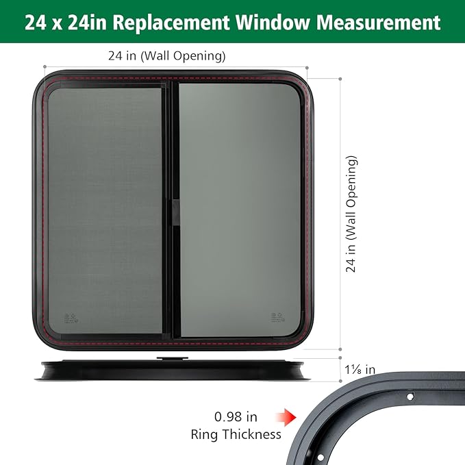Dulepax Horizontal RV Window, 24" W x 24" H Tinted Slide Trailer Window, Tempered Glass Camper Window Replacement with Net Screen and Trim Ring, DOT Approved