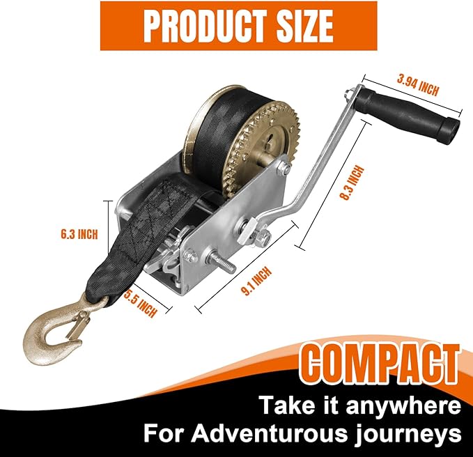 Hand Winch, 2000 lbs Pulling Capacity, Boat Trailer Winch Heavy Duty Rope Crank with 26.3 FT Polyester Strap, Manual Operated Hand Crank Winch for Trailer, Boat or ATV Towing