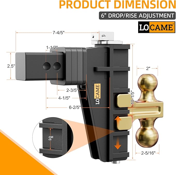 LOCAME Adjustable Trailer Hitch, Fits 2.5-Inch Receiver, 6-Inch Drop/Rise Drop Hitch, 28,000 LBS GTW-Tow Hitch for Heavy Duty Truck, Solid Ball Mount, LC0078