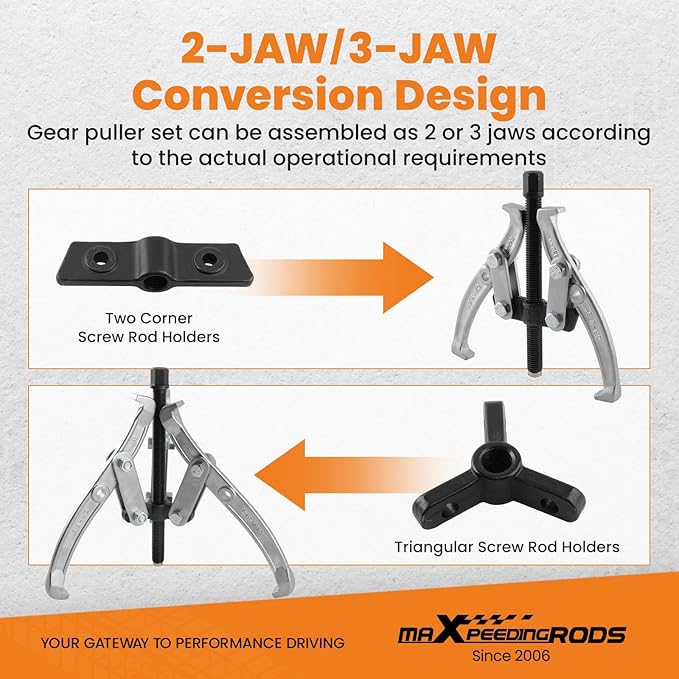 maXpeedingrods Gear Puller Set, Reversible 2 Jaw & 3 Jaw Hub Puller Kit, 3" 4" 6" 8" Bearing Puller Set, External Internal Pulley Flywheel Puller Tool Steering Wheel Hub Removal Tool