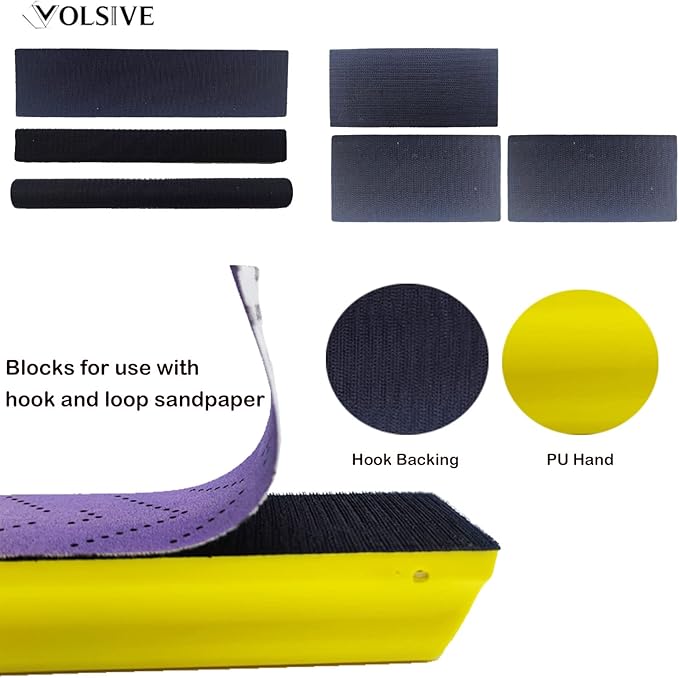 VOLSIVE 7pcs Hand Sanding Block Set, Rectangle Handheld Sanding Pad, Hook and Loop Interchangeable Assorted Shapes, for Sanding or Polishing in Auto Body and Paint Shops - Yellow