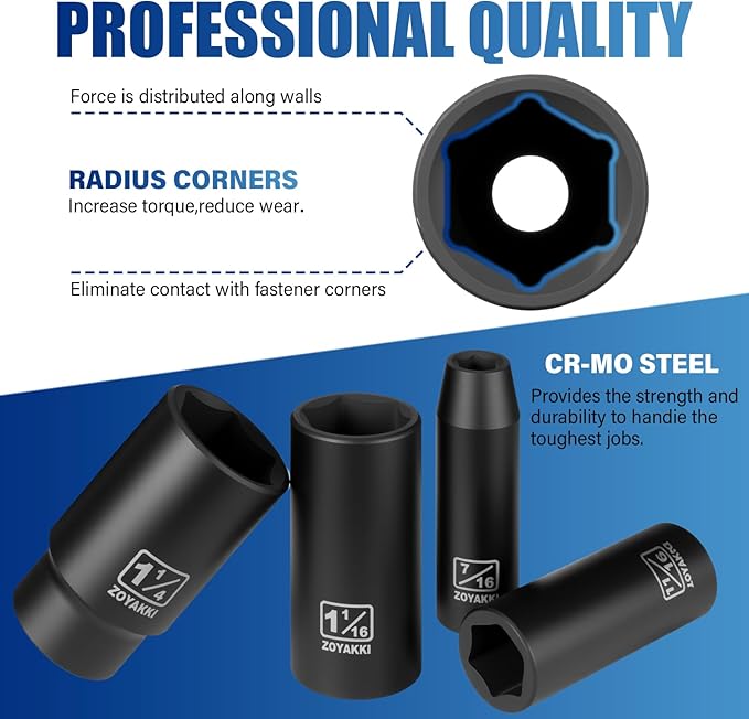 1/2" Drive SAE Impact Socket Set（3/8" to 1-1/2"),19 Pcs Heavy Duty CR-MO Deep Sockets,6 Point Design for Large Vehicle and Apparatus Maintenance