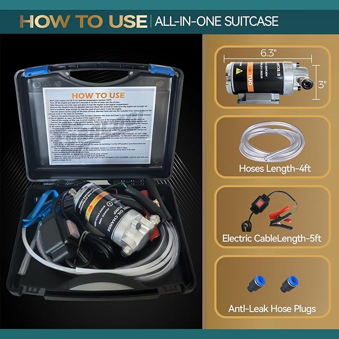 12V 100W Electric Engine Oil Extractor Pump, Portable Fluid Suction Transfer Pump with Pure Copper Motor & Leak-Proof Design, for Cars, Trucks, Boats, Motorcycles, Lawn Mowers (Includes Storage Case)