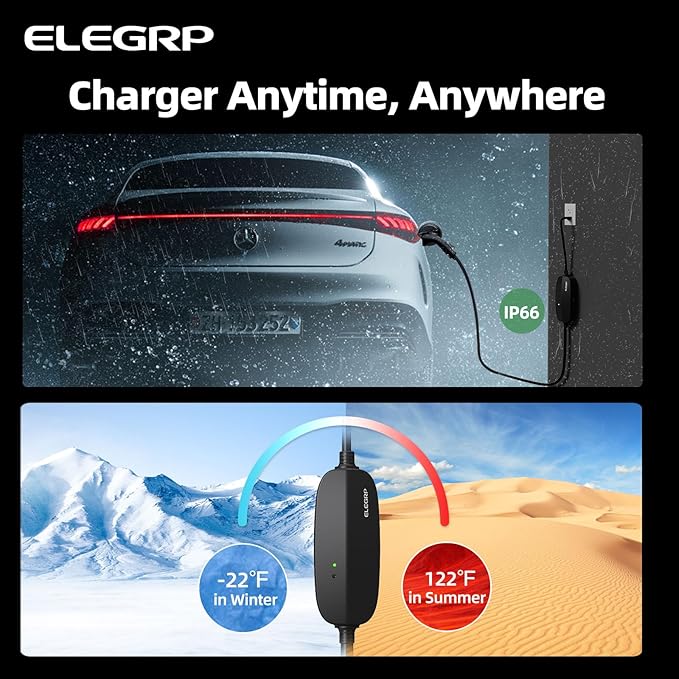 ELEGRP Level 1/2 EV Charger, 16 Amp, Portable J1772 Electric Car Charger, 21FT Cable, NEMA 6-20 & 5-15 Adapter, 110V-240V for BEVs/PHEVs, PBE & LRC Technology