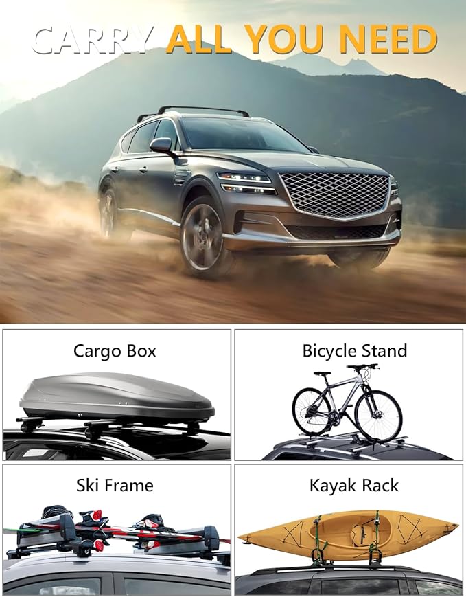 Tuyoung 220lbs Lockable Roof Rack Cross Bars Compatible with Genesis GV80 2021 2022 2023 2024 2025, Heavy Duty Anti-Theft Aluminum Roof Rails Crossbars Cargo Carrier Bag Black Bike