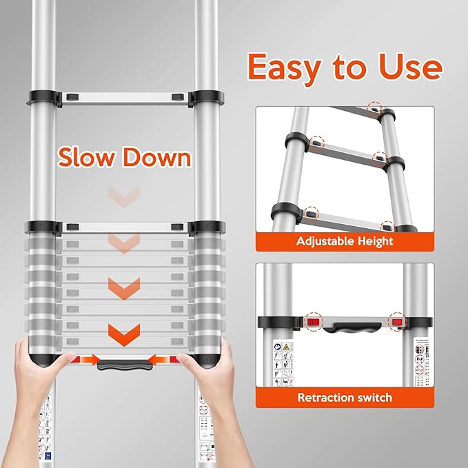 12.5FT Telescoping Ladder, Collapsible Ladder with Bottom Stabilizers, Slow Descent, One-Click Retraction to Protect Finger，Suitable for RV or Outdoor Work
