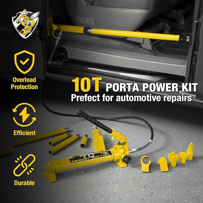 YELLOW JACKET 10 ton Porta Power Kit Hydraulic Ram Jack Pusher Puller Auto Body Frame Repair Tool with Blow Mold Carrying Storage Case for Car Repair,Truck,Farm