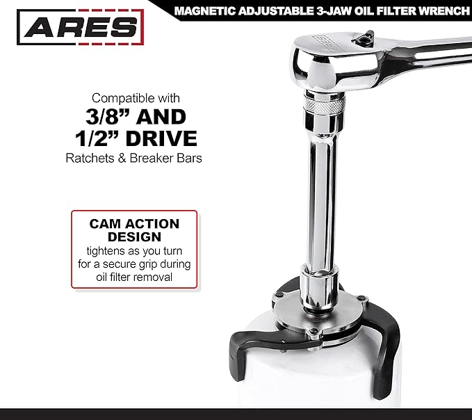 ARES 56047 – Adjustable Magnetic 3-Jaw Oil Filter Wrench – 2 3/8-Inch to 3 7/8 Inch (60mm to 98mm) Range – Use with 3/8 or 1/2-Inch Drive Ratchets