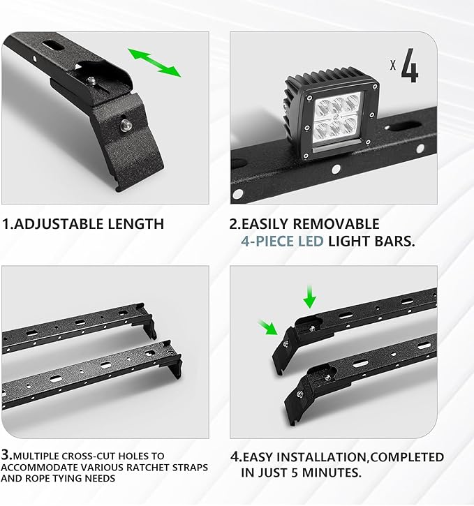 300 LBS Roof Rack Cross Bars with 4 Pcs LED Lights Bar Compatible for 2007-2025 Jeep Wrangler JK JKU JL JLU Unlimited & Gladiator JT & 84-01 Cherokee XJ Hardtop, Roof Rail Crossbars Rooftop