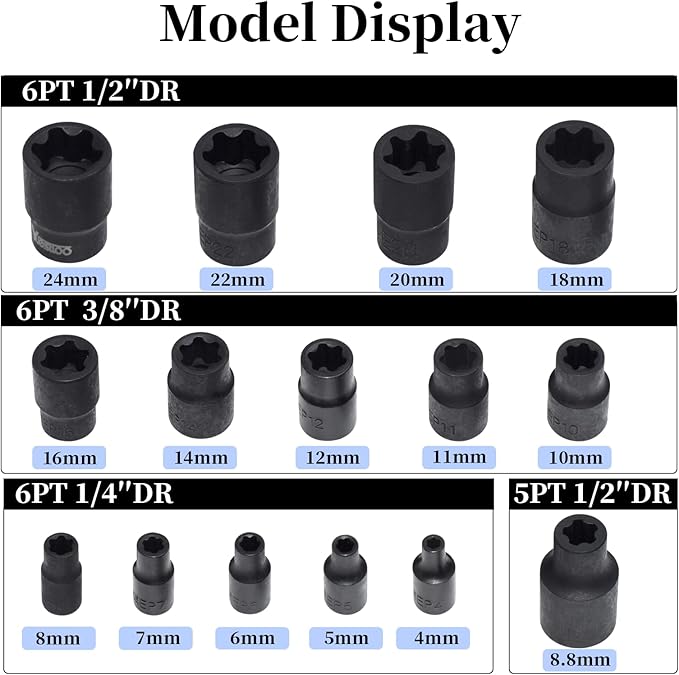 15Pcs Torx Plus Socket Set, External Torx Plus Socket Set, 6 Point EP Socket EP4 - EP24 With 1/2'' 3/8'' 1/4'' Dr, Replacement for E-TORX, Works with Most Cars and Tesla