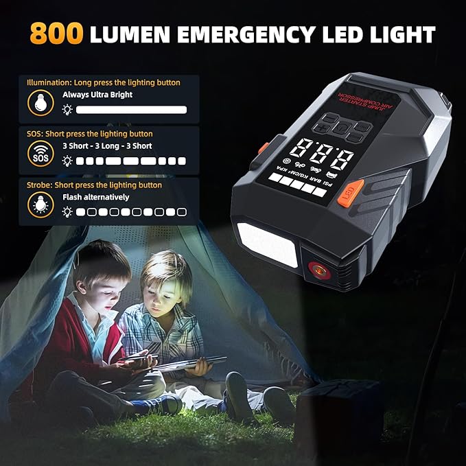 Jump Starter with Air Compressor, 6000A 160PSI Portable Car Battery Jump Starter (All Gas/12L Diesel), 12V Jump Box Car Battery Jump Starter Portable with Smart Jumper Cables, LED Light, LCD Display