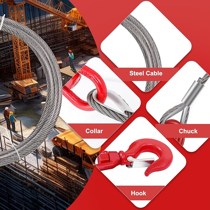 Steel Winch Cable,3/8" x 50' Wire Rope with Swivel Hook,17637 Lbs Breaking Strength,6x19 Strand Core Steel Towing Cable for Tow Truck,Crane,Wrecker