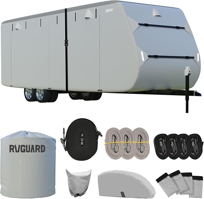 RVGUARD RV Cover, Travel Trailer Cover fits for 18' - 20' RV, 6 Layers Anti-UV Waterproof Camper Cover, with Tongue Jack Cover and Storage Bag, Grey