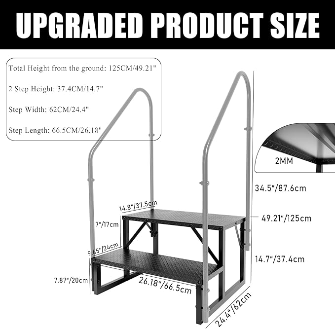 RV Steps with Handrails, 2 Step RV Stairs 660 lbs Load Capacity, Step Ladder with Anti-Slip Panel, Mobile Home Stairs for Travel Trailers
