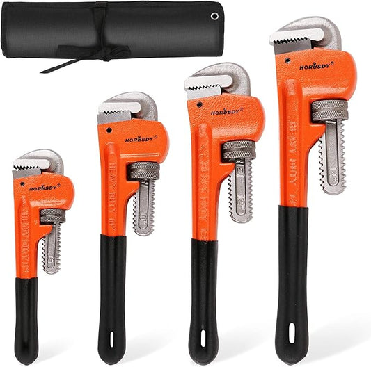 HORUSDY 4 Pack Heavy Duty Pipe Wrench Set, Adjustable 8" 10" 12" 14" Soft Grip Plumbing Wrench Set with Storage Bag