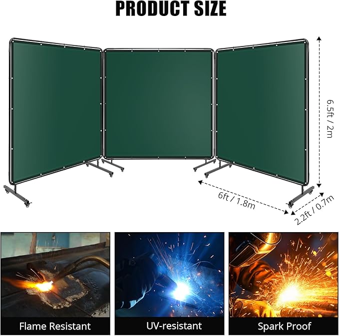 3 Panel 6x6 FT Vinyl Welding Screen with Frame, Flame-Resistant PVC Welding Curtain with Lockable Swivel Wheels, Transparent Welding Screen Panel for Welding Safety, Green