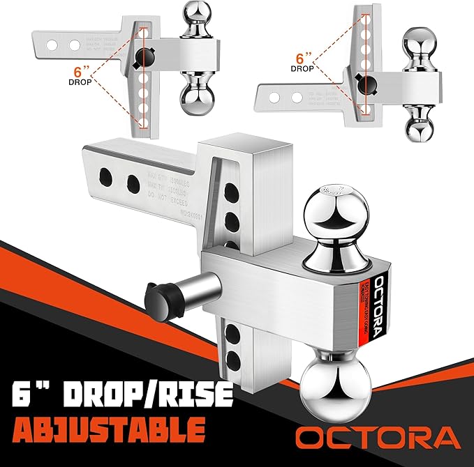 Adjustable Trailer Hitch (Fits 2-Inch Receiver) - Aluminum Tow Hitch with 6-Inch Drop/Rise for Truck (12,500 LBS GTW) - Double Anti-Theft Locking Hitch Pins (Silver, 2inch-6Drop)