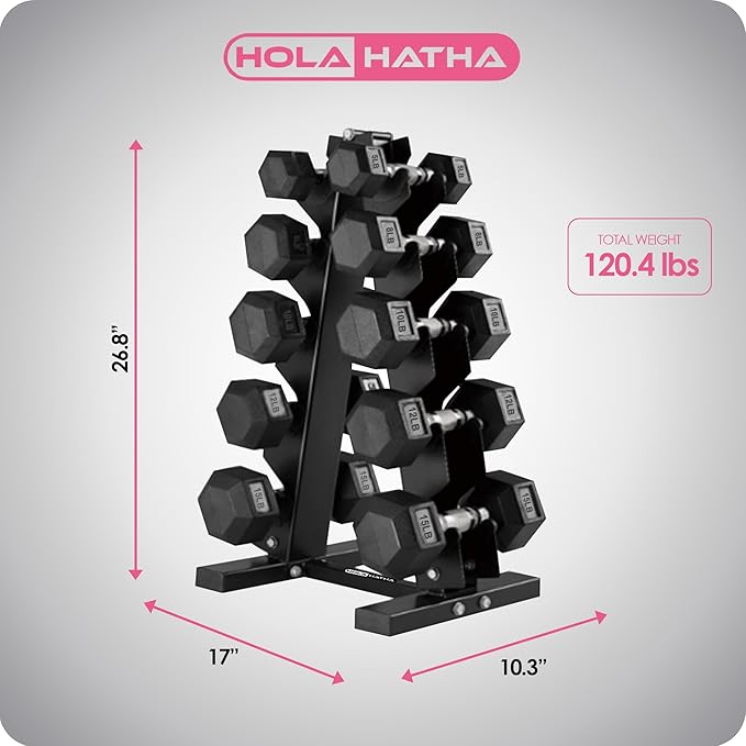 HolaHatha Hexagonal Dumbbell Free Hand Weight Set w/Rack