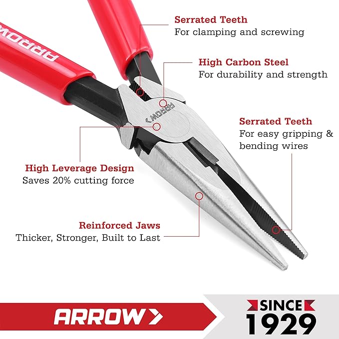 ARROW 6" High Leverage Needle Nose Pliers with Side Cutters, Long Nose Pliers for Gripping, Wire Bending, Cutting