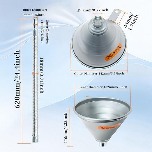 24.4" Steel Bendable Spout Funnel with Filter for All Automotive Oils, Metal Flexible Long Funnels for Automotive Use for Transmission Fluid, Diesel Fuel, and Other Liquids, with Gloves