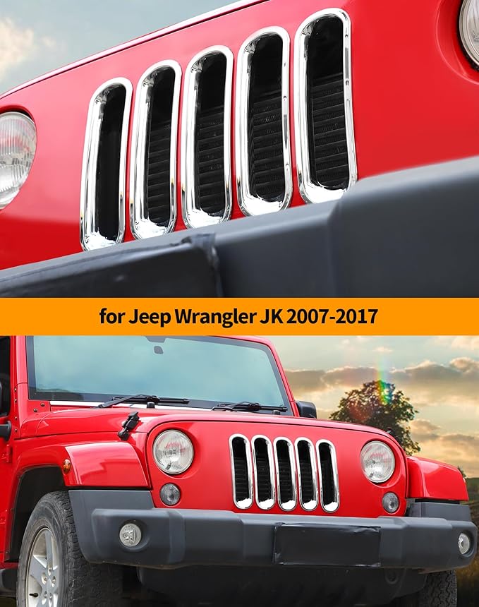 Hoolcar Grill Inserts Front Grille Mesh Cover Guard for Jeep Wrangler JK 2007-2017 Clip-on Grille Exterior Accessories, Chrome