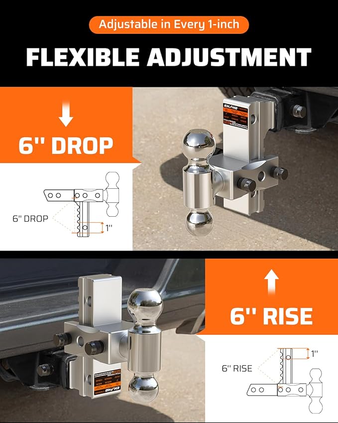 Ehaho Adjustable Trailer Hitch, Drop Hitch 2 Inch Receiver with 6 Inch Drop/Rise for Truck 12,500 LBS GTW, Waterproof Double Anti-Theft Locking Hitch Pins